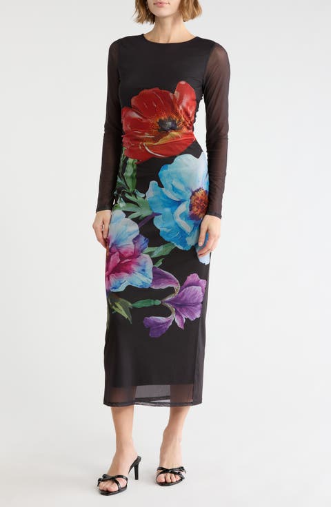 Mesh Long Sleeve Ruched Maxi Dress