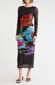 Madden Girl Mesh Long Sleeve Ruched Maxi Dress
