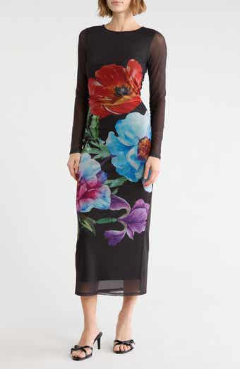 Mesh Long Sleeve Ruched Maxi Dress