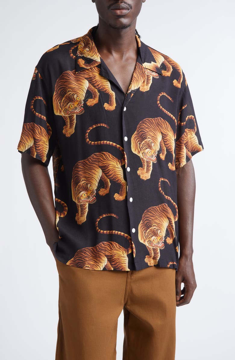 ENDLESS JOY Tiger Print Crepe Camp Shirt, Main, color, Black