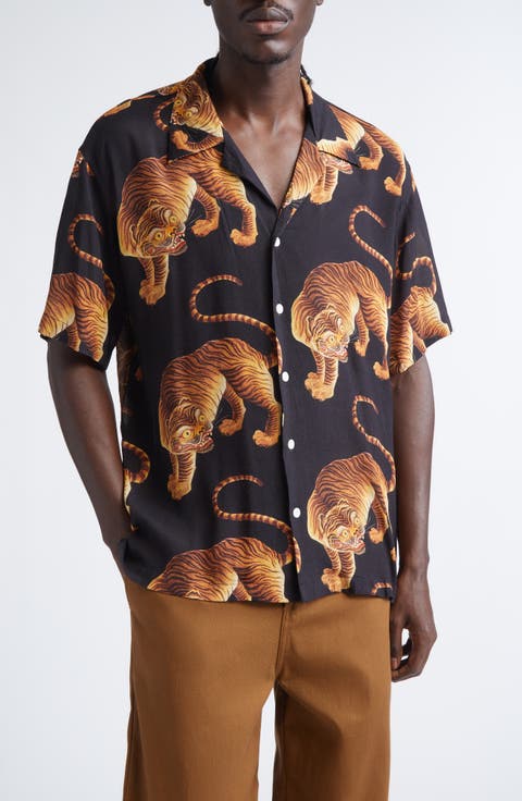 Tiger Print Crepe Camp Shirt