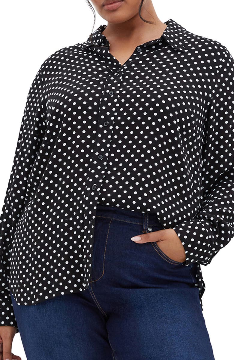 City Chic Hesper Polka Dot Button-Up Shirt, Main, color, 