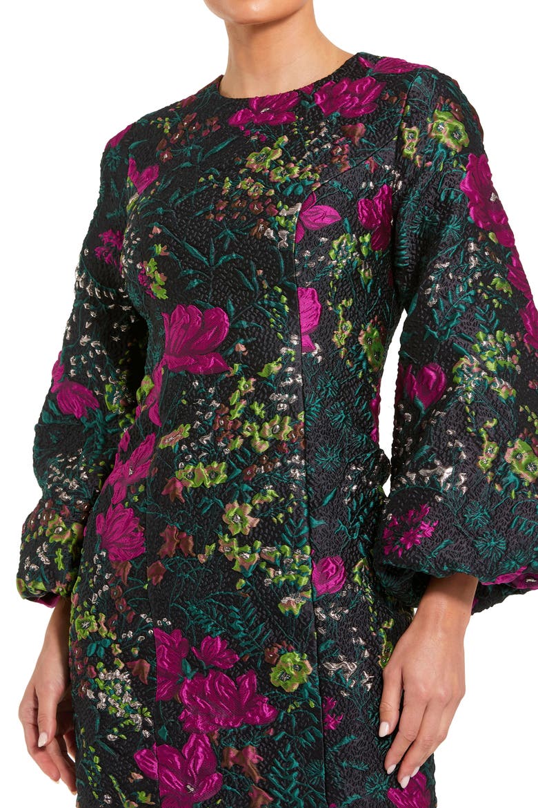 Floral Brocade Puff Sleeve Fitted Mini Dress, Alternate, color, Black Multi