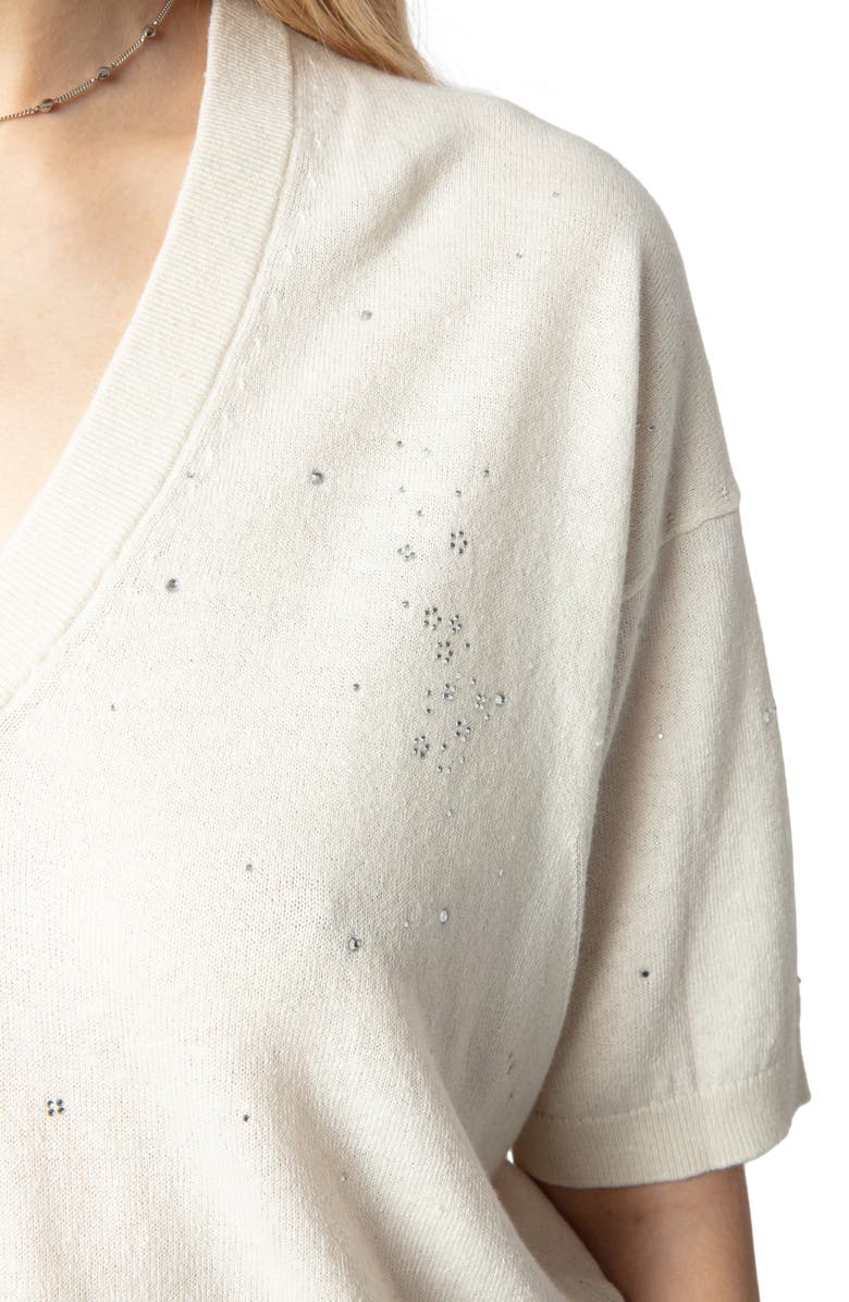 Zadig & Voltaire Wully Lico Embellished Linen Blend V-Neck Sweater, Alternate, color, Ecru