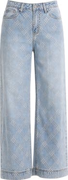 Bayeas Embellished Textured Plaid High Waist Wide Leg Jeans