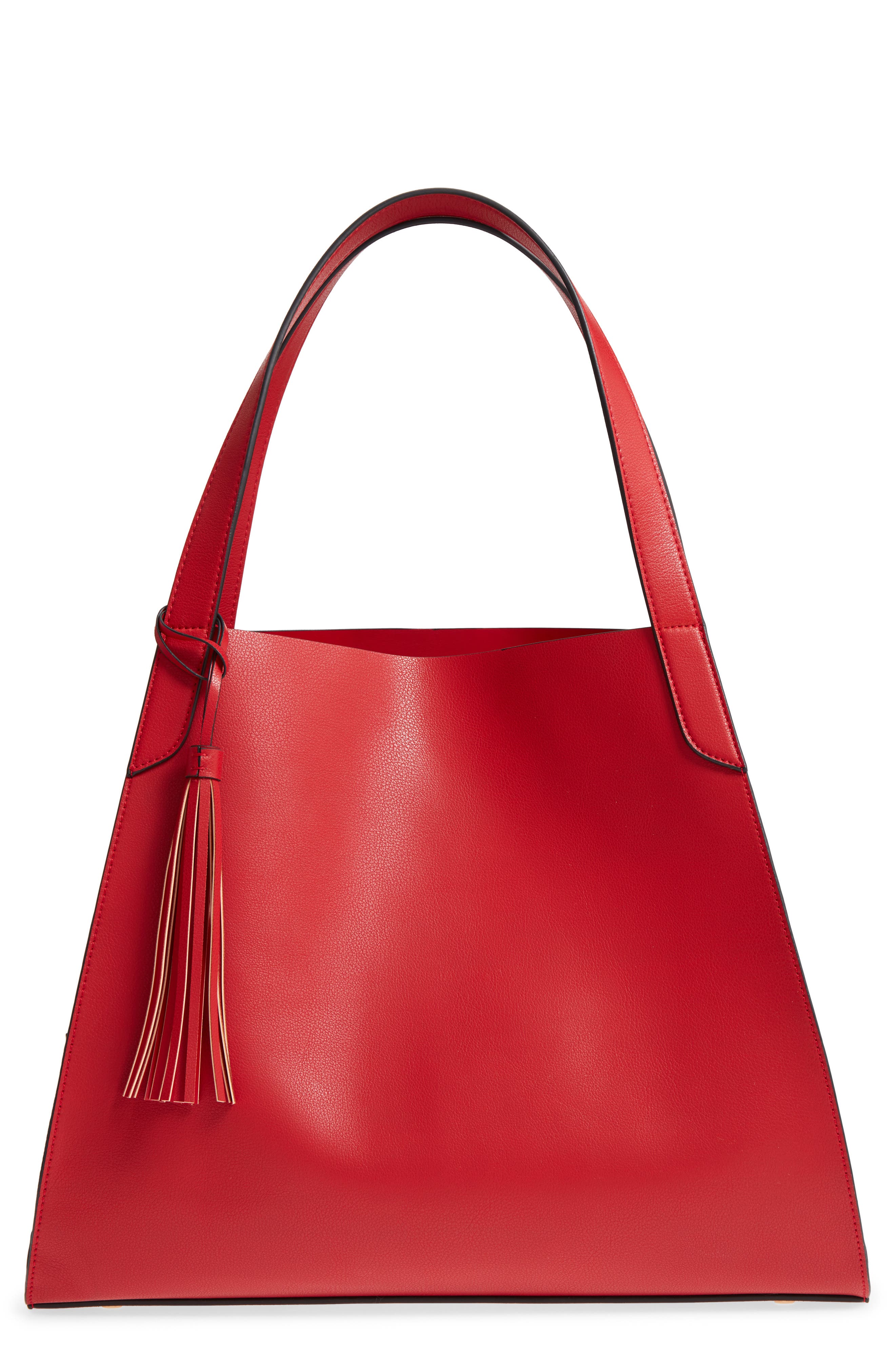 Trapezoid Faux Leather Tote, Main, color, RED