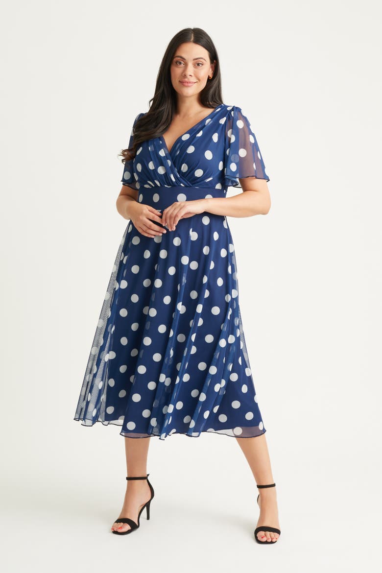 Victoria Spot Angel Sleeve Midi Dress, Main, color, Navy Spot