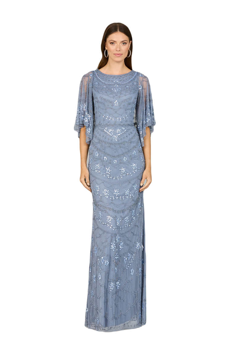 High Neck, Cape Sleeve Beaded Gown, Main, color, DustyPeriwinkle
