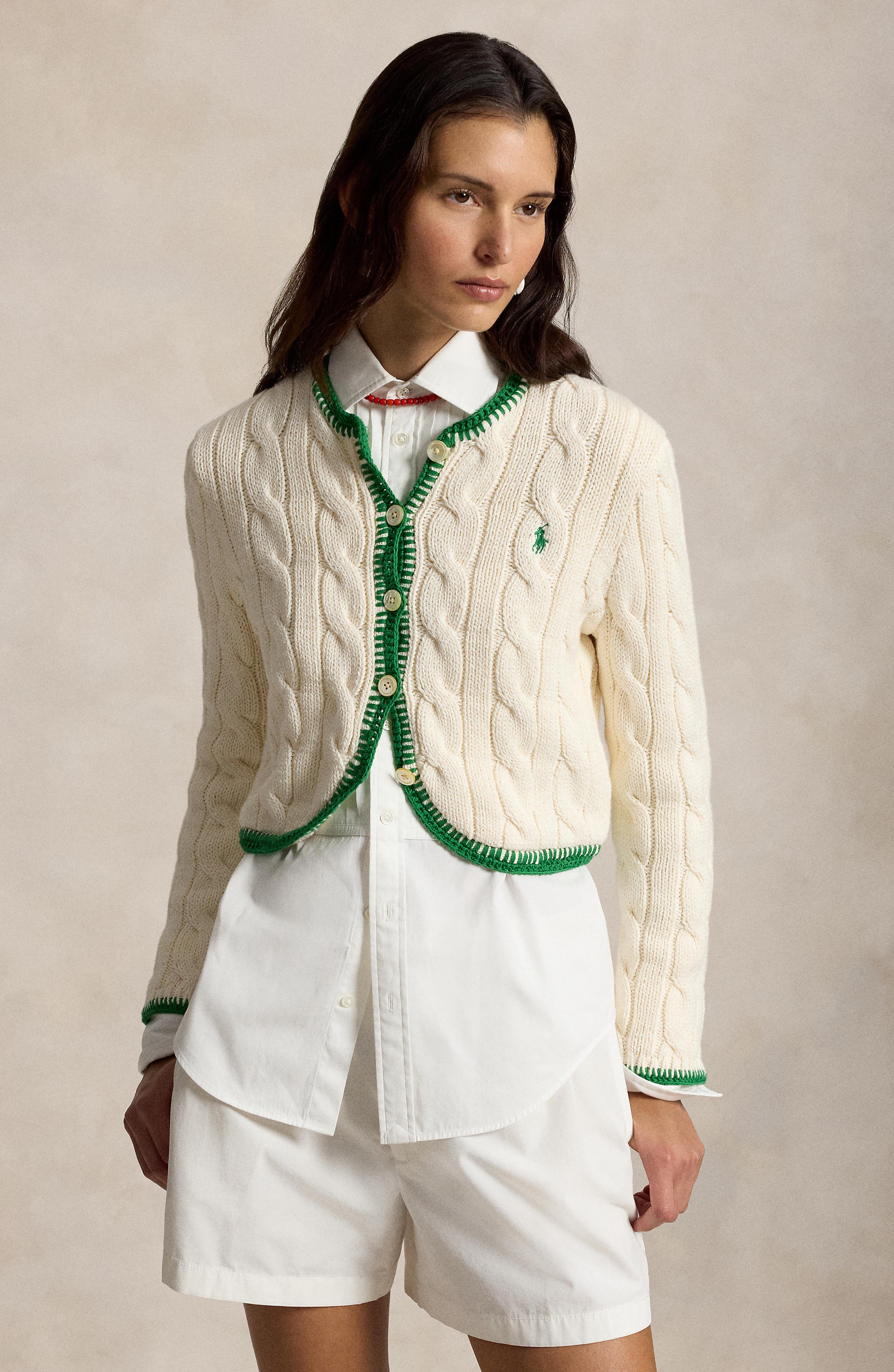 Polo Ralph Lauren Whipstitch Trim Cable Stitch Cardigan (Women Polo Ralph Lauren Whipstitch Trim Cable Stitch Cardigan (Women