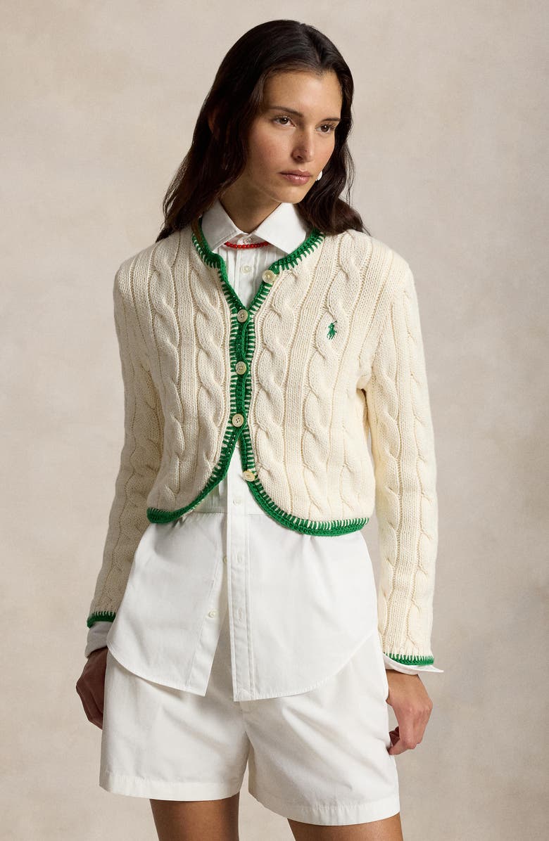 Polo Ralph Lauren Whipstitch Trim Cable Stitch Cardigan, Alternate, color, Cricket Cream