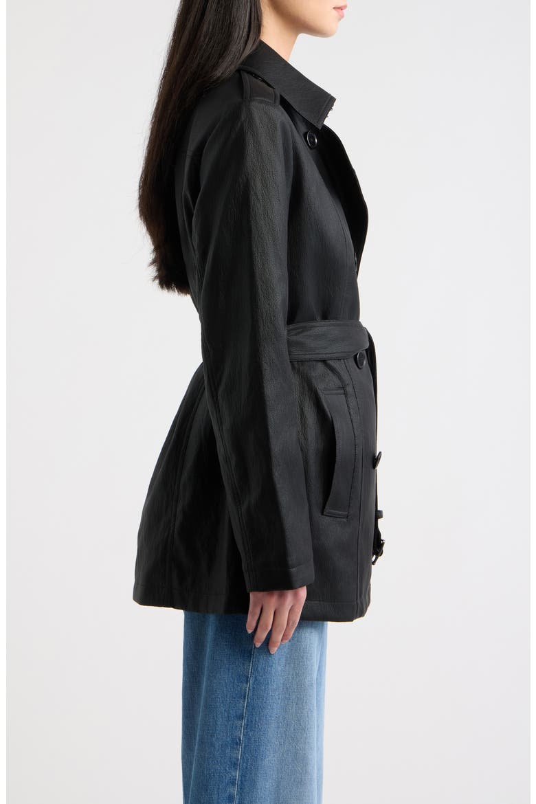 Faux Leather Double Breasted Trench Coat, Alternate, color, BLACK