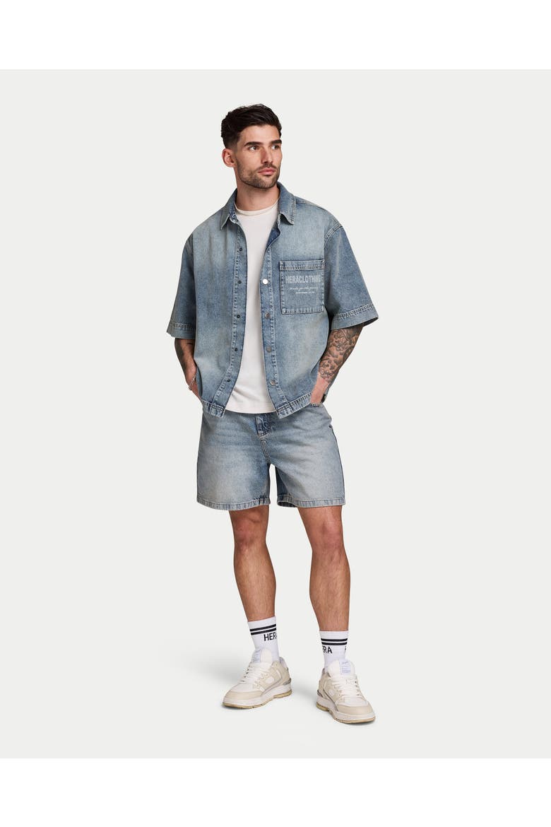 Denim Short Sleeve Oversized Shirt, Alternate, color, Mid Wash