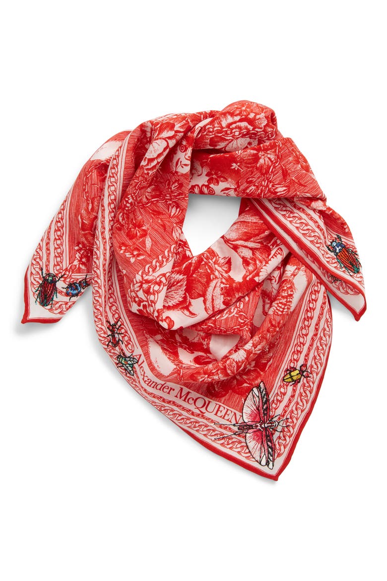 Alexander McQueen Deck of Skulls Silk Bandana, Alternate, color, IVORY/ RED
