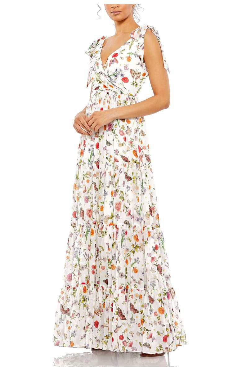 Mac Duggal Floral Print Sleeveless Soft Tie Shoulder Gown, Main, color, White Multi