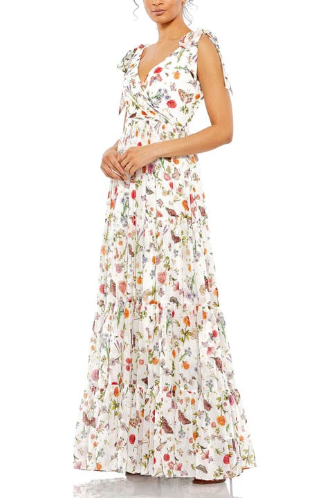 Floral Print Sleeveless Soft Tie Shoulder Gown