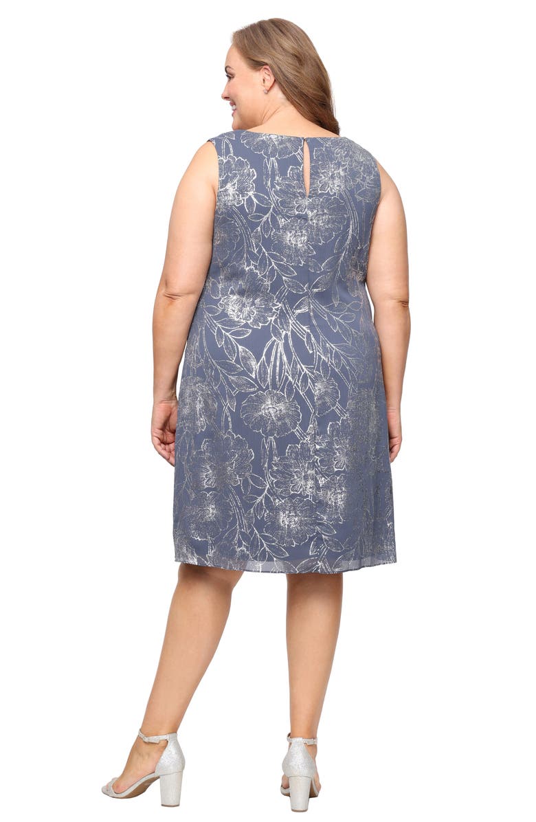 SL FASHIONS Metallic Floral Cocktail Shift Dress with Cascade Jacket, Alternate, color, Steel