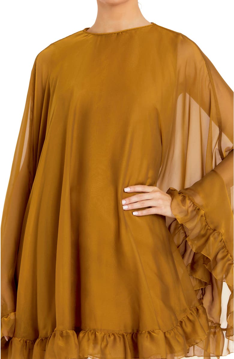 Mac Duggal High Neck Ruffle Hem Cape Mini Dress, Alternate, color, Antique Gold