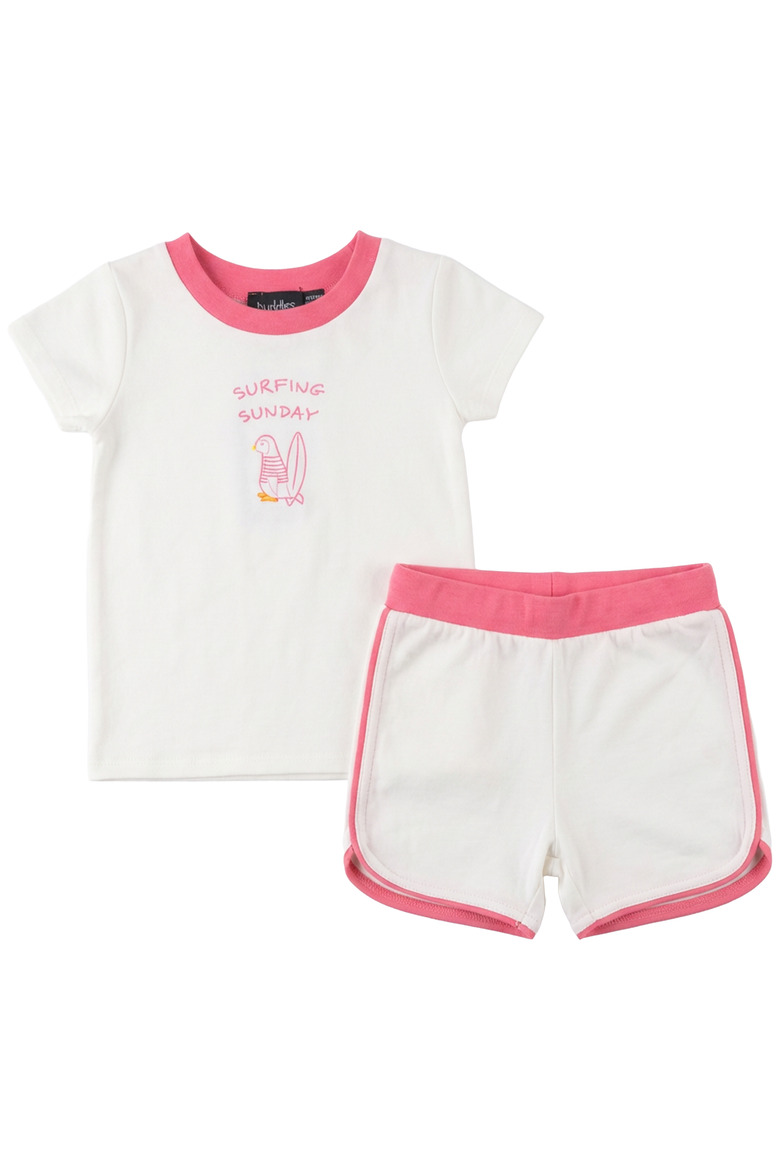 Girl Surfing Sunday Penguin Ribbed Neck Top & Piped Shorts Set, Main, color, Off White/Pink