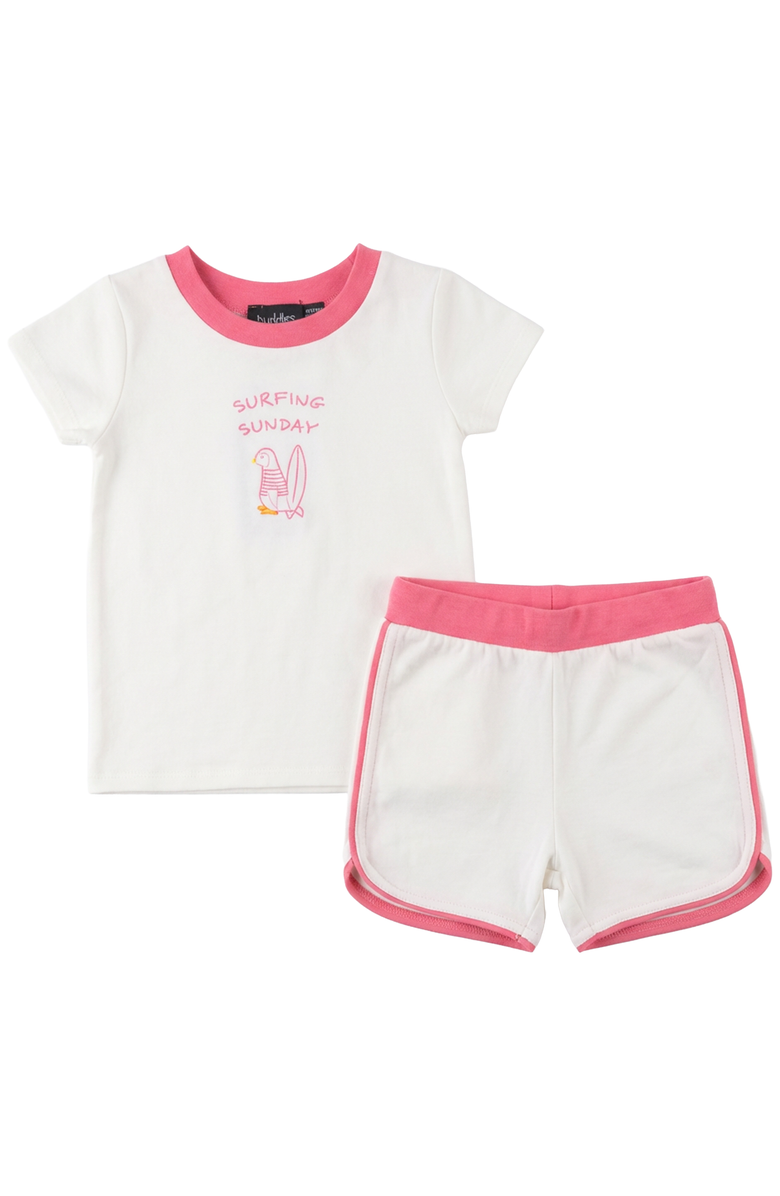 Puddles Girl Surfing Sunday Penguin Ribbed Neck Top & Piped Shorts Set, Main, color, Off White/Pink