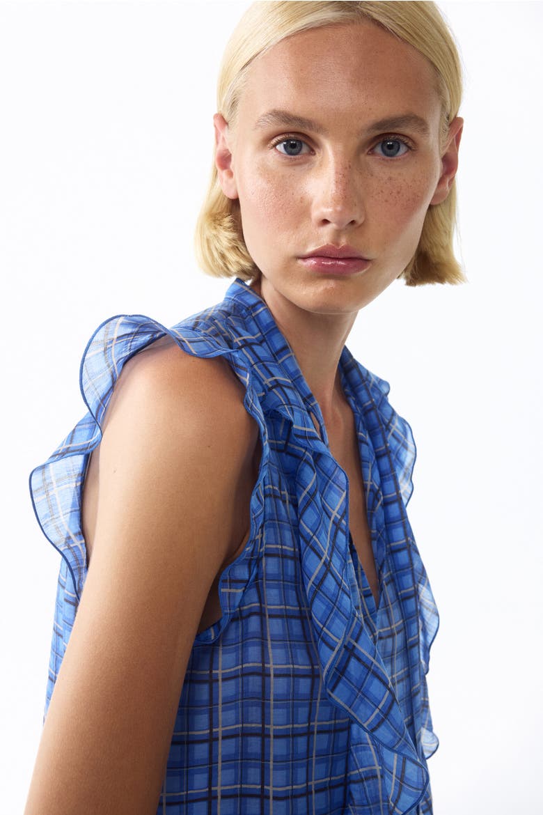 Flounced Scarf-collar Blouse, Alternate, color, Blue/plaid