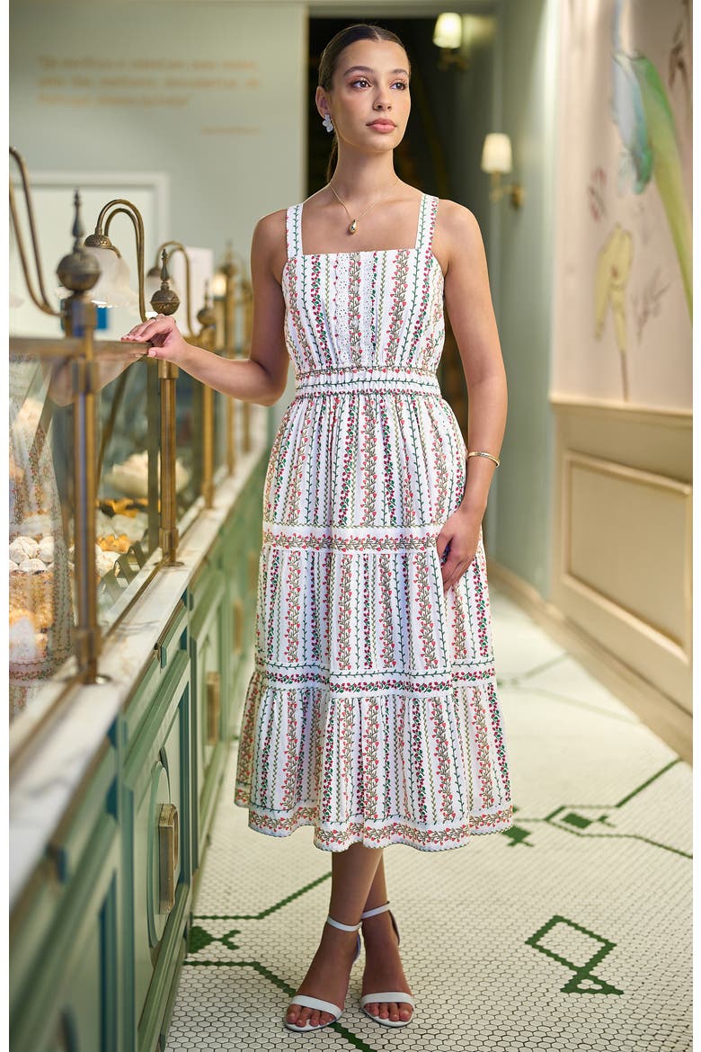 Botanical Stripe Lace Trim Midi Dress, Alternate, color, White