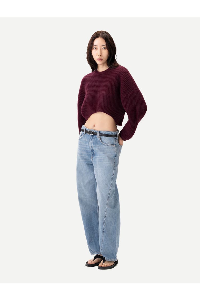 Oval-Sleeve Cropped Cashmere Sweater, Alternate, color, burgundy