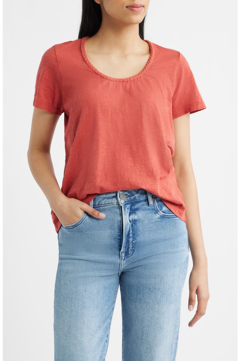 Braided Neck Relaxed Fit Cotton T-Shirt, Main, color, BRICK