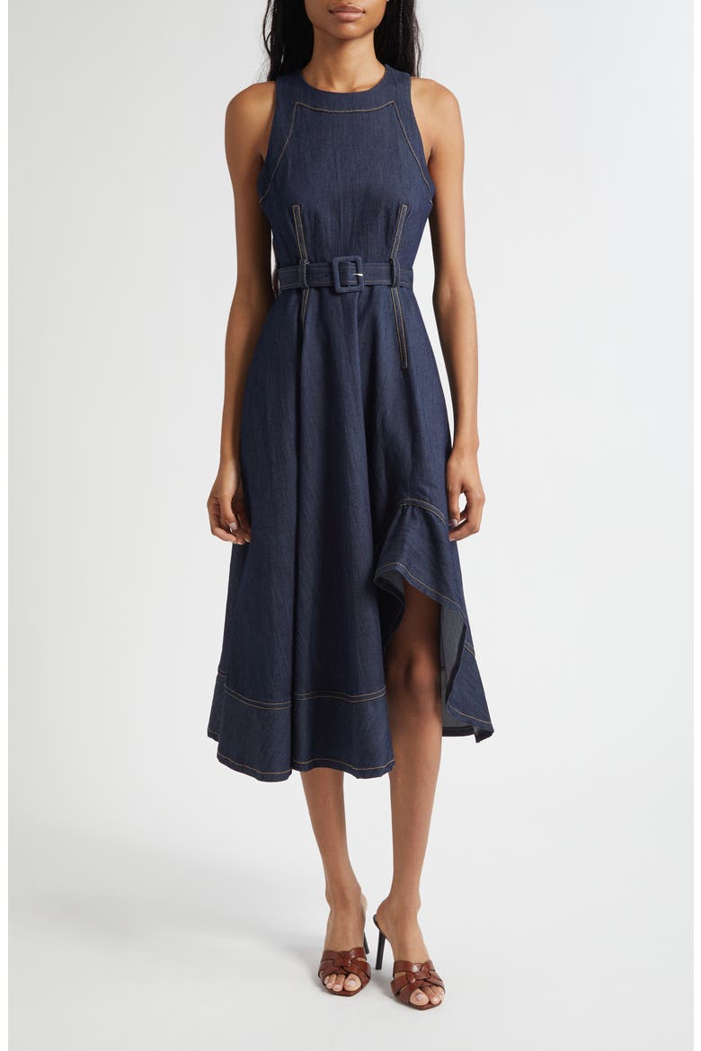 Zelda Sleeveless Belted Cotton Blend Denim Dress, Alternate, color, MINUIT