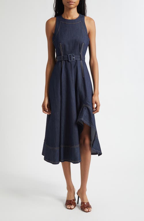 Cinq À Sept Zelda Sleeveless Belted Cotton Blend Denim Dress In Blue