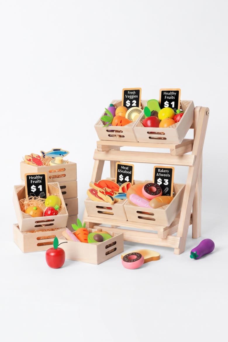 Wooden Play Food Set with Display Rack for Kids, Main, color, Multicolor