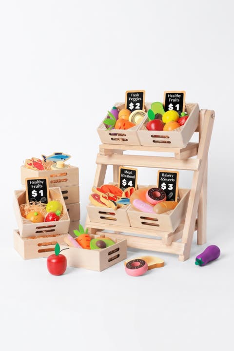 Wooden Play Food Set with Display Rack for Kids