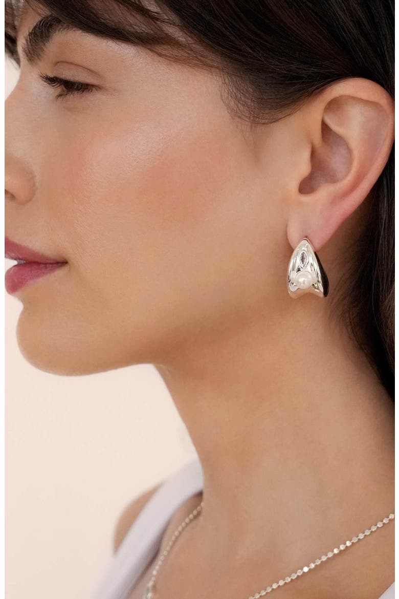 Hera Freshwater Pearl Huggie Earrings, Alternate, color, SILVER