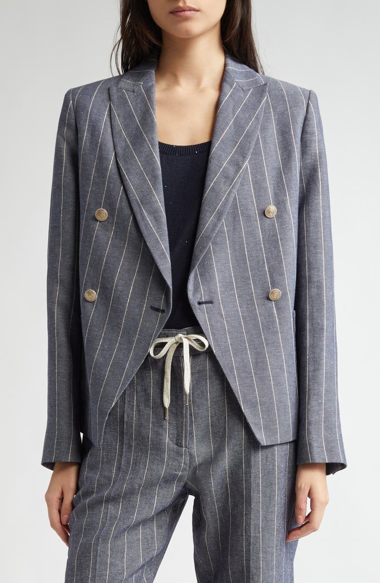 Eleventy Double Breasted Cotton & Linen Blazer, Main, color, 