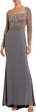 Mac Duggal Beaded Square Neck Long Sleeve Jersey Gown