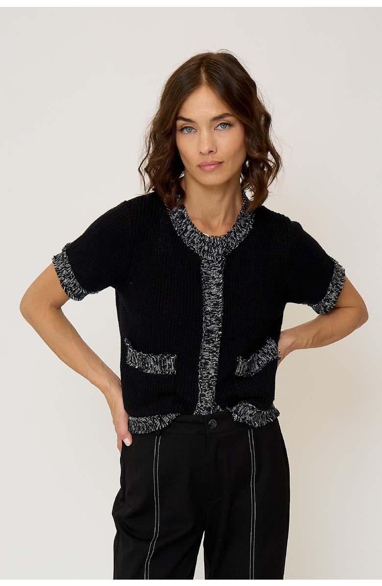 Central Park West Women's Maribel Frayed Edge Tweed Sweater Tee, Main, color, Black