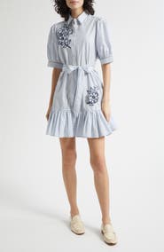 Cinq à Sept Zadie Floral Appliqué Stripe Cotton Blend Shirtdress