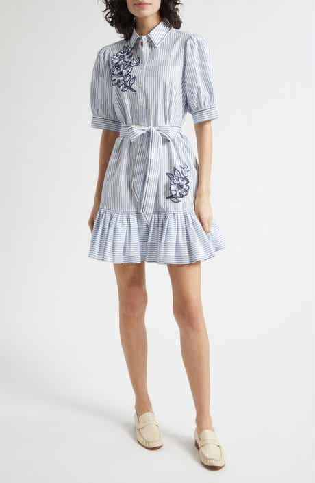 Zadie Floral Appliqué Stripe Cotton Blend Shirtdress