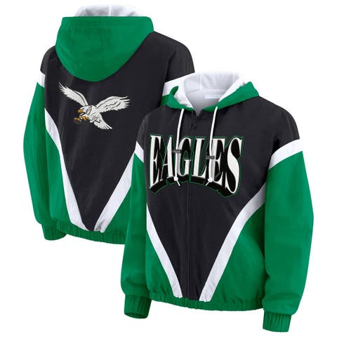 Women's WEAR by Erin Andrews Kelly Green/Black Philadelphia Eagles Retro Crinkle Full-Zip Hoodie Windbreaker