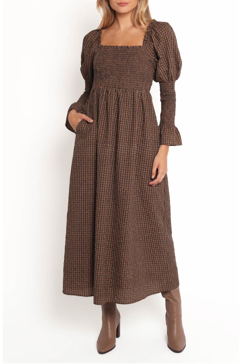 Cyrena Long Sleeve Fit & Flare Maxi Dress, Main, color, BROWN CHECK