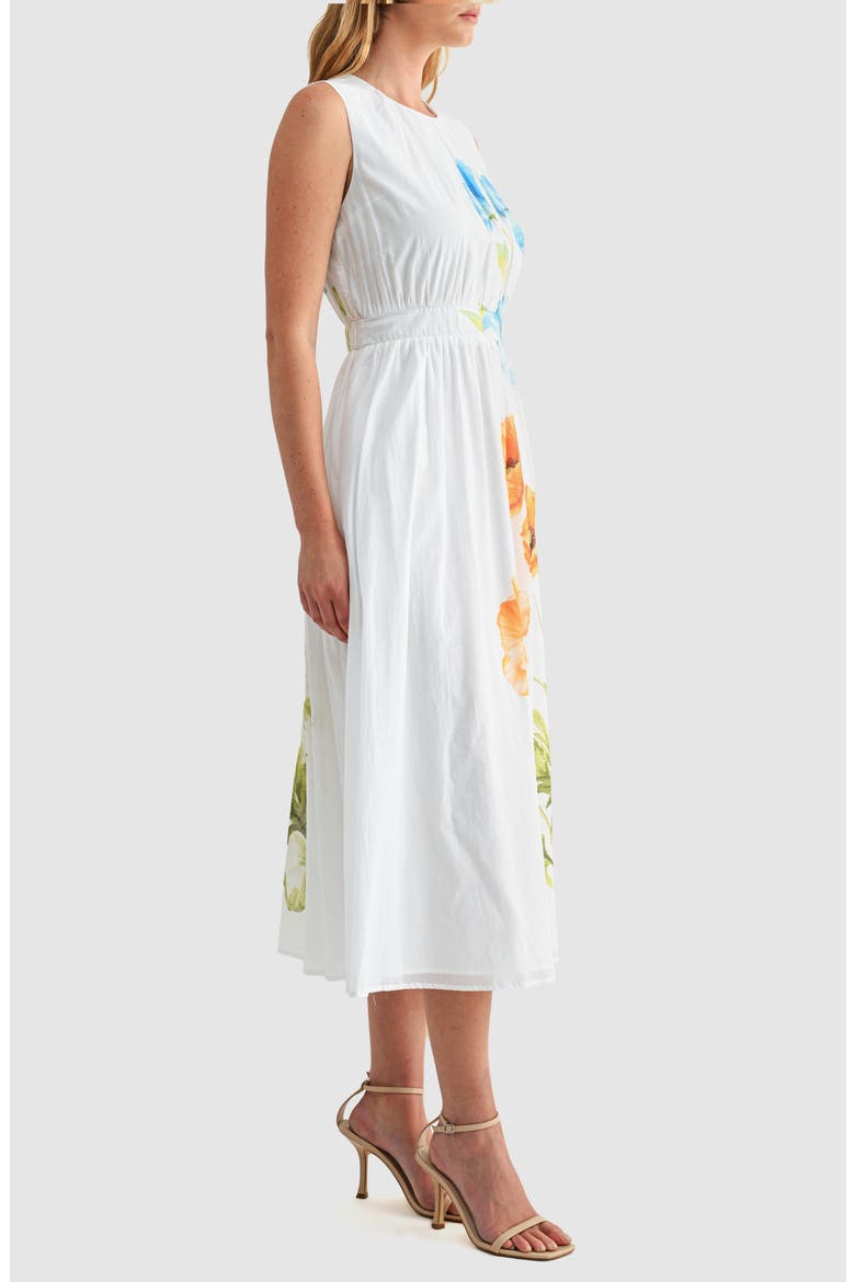 Floral Print Cinched Waist Sleeveless Midi Dress, Alternate, color, WHITE FLORAL