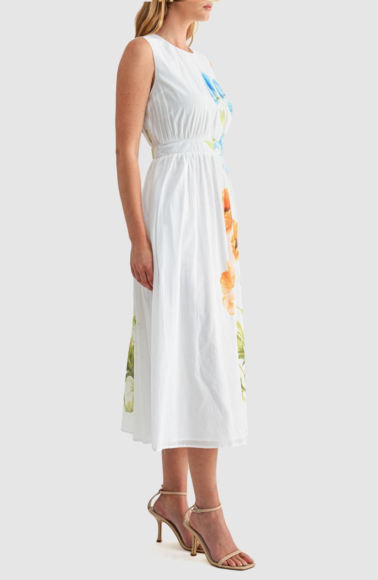 Mila Mae Floral Print Cinched Waist Sleeveless Midi Dress, Alternate, color, White Floral