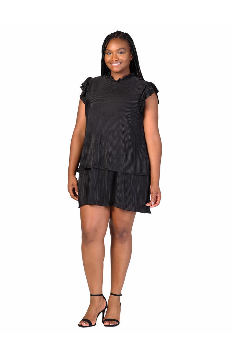 24seven Comfort Apparel Ruffle Cap Sleeve High Neck Pleated Tiered Mini Dress, Alternate, color, Black