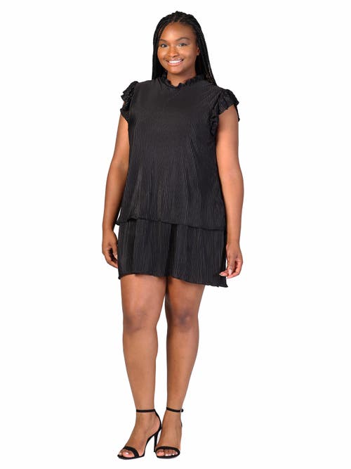 24seven Comfort Apparel Ruffle Cap Sleeve High Neck Pleated Tiered Mini Dress In Black