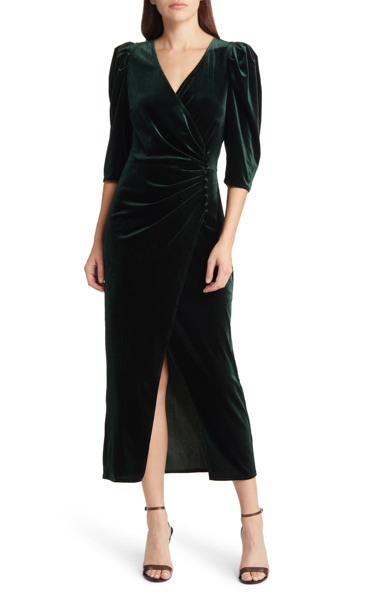 Chelsea28 Faux Wrap Velvet Midi Cocktail Dress, Main, color, Green