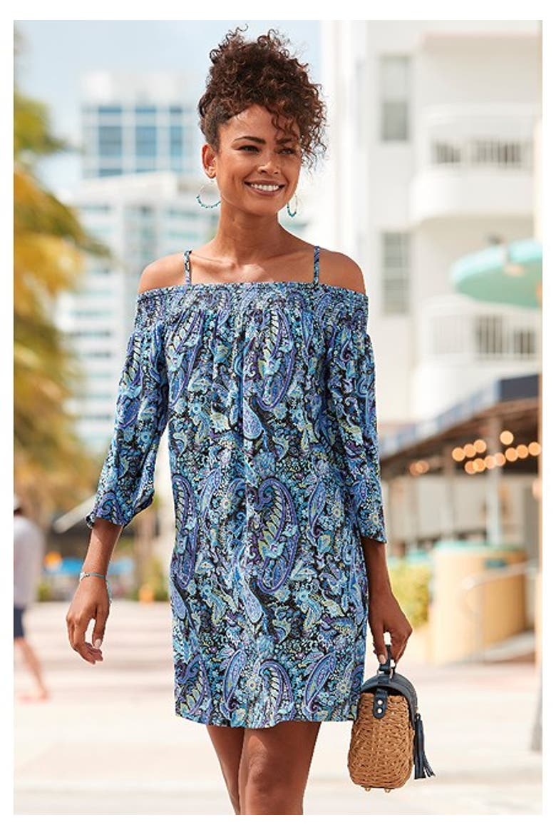 Women's Off Shoulder Patterned Dress, Alternate, color, Blue Multi