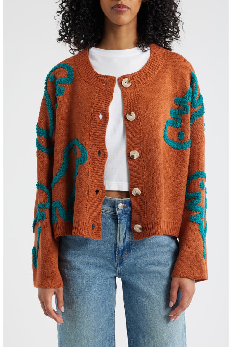 Rawr T-Rex Jacquard Cardigan, Main, color, GINGER