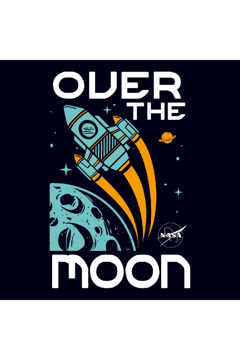 Junior's NASA Over the Moon Cartoon Spaceship  Graphic T-Shirt, Alternate, color, Navy Blue