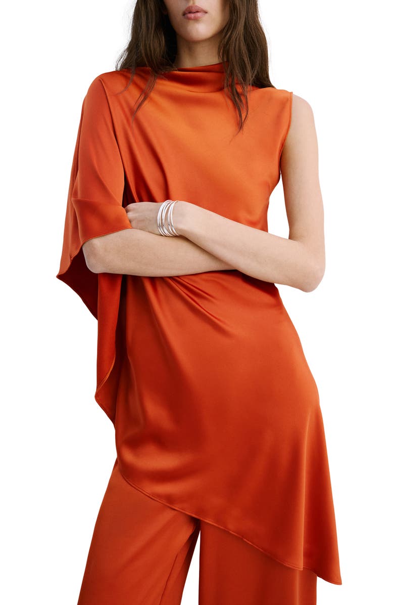 MANGO Asymmetric Single Elbow Sleeve Satin Top, Main, color,