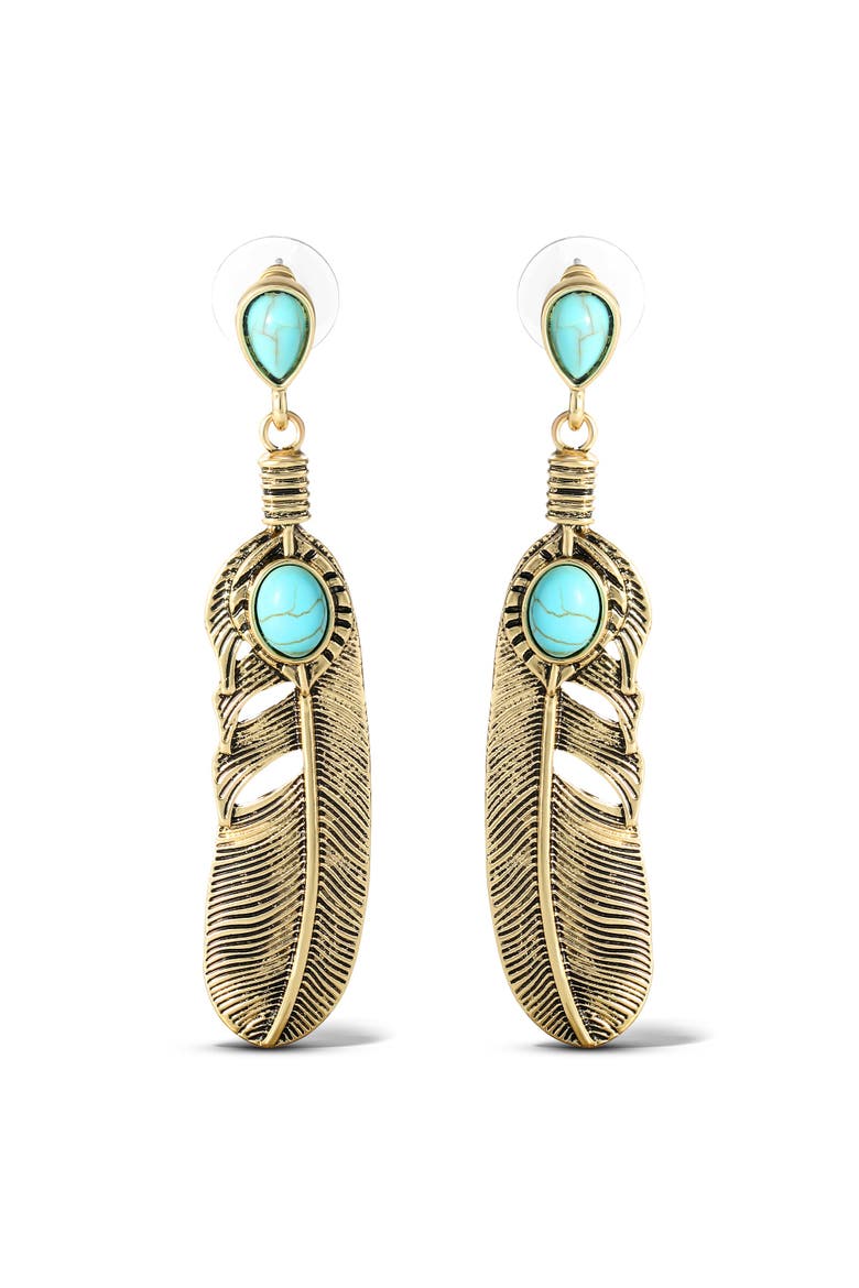 Stone Feather Drop Earrings, Main, color, Gold, turquoise