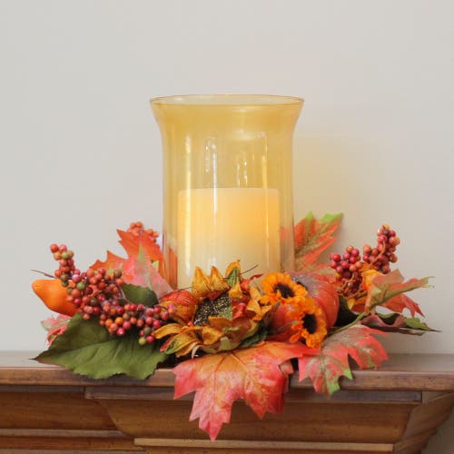 Northlight 16in Artificial Fall Flowers & Pumpkins Pillar Candle Holder In Orange